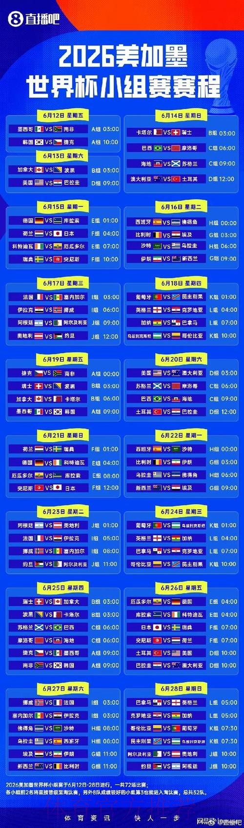 2026世界杯小组赛赛程高清版高清直播在哪里看